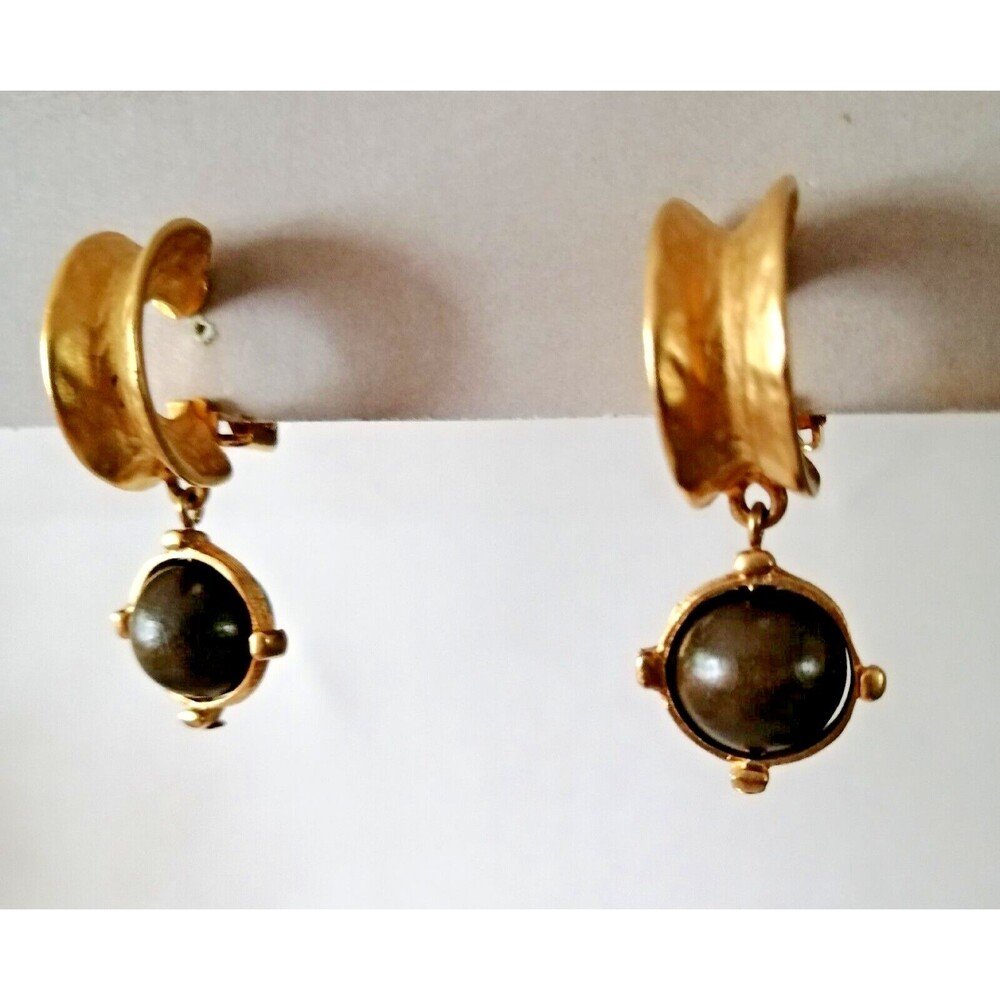 Vintage Art Deco Dangling Earrings Gold Tone Texture Green Ball Runway Statement